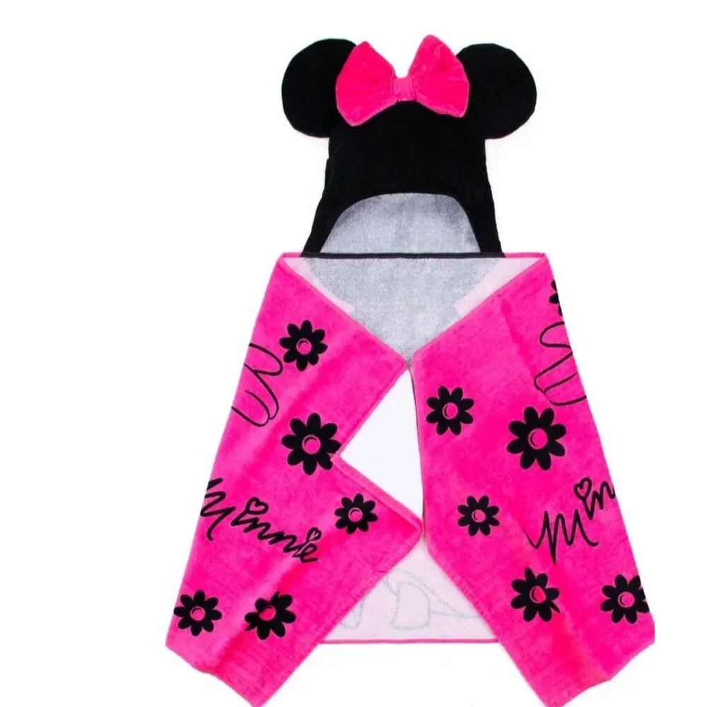Disney Minnie Mouse Kids Bath Hooded Towel Wrap 51x22 Cotton Hot Pink/Black